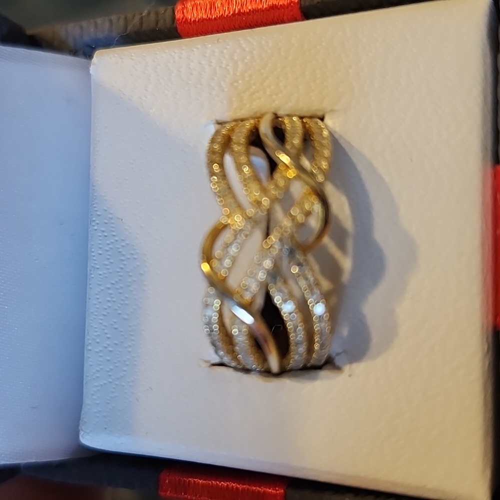 Gold Tone Sterling Silver Braided Ring with Crystals